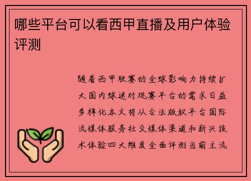 哪些平台可以看西甲直播及用户体验评测